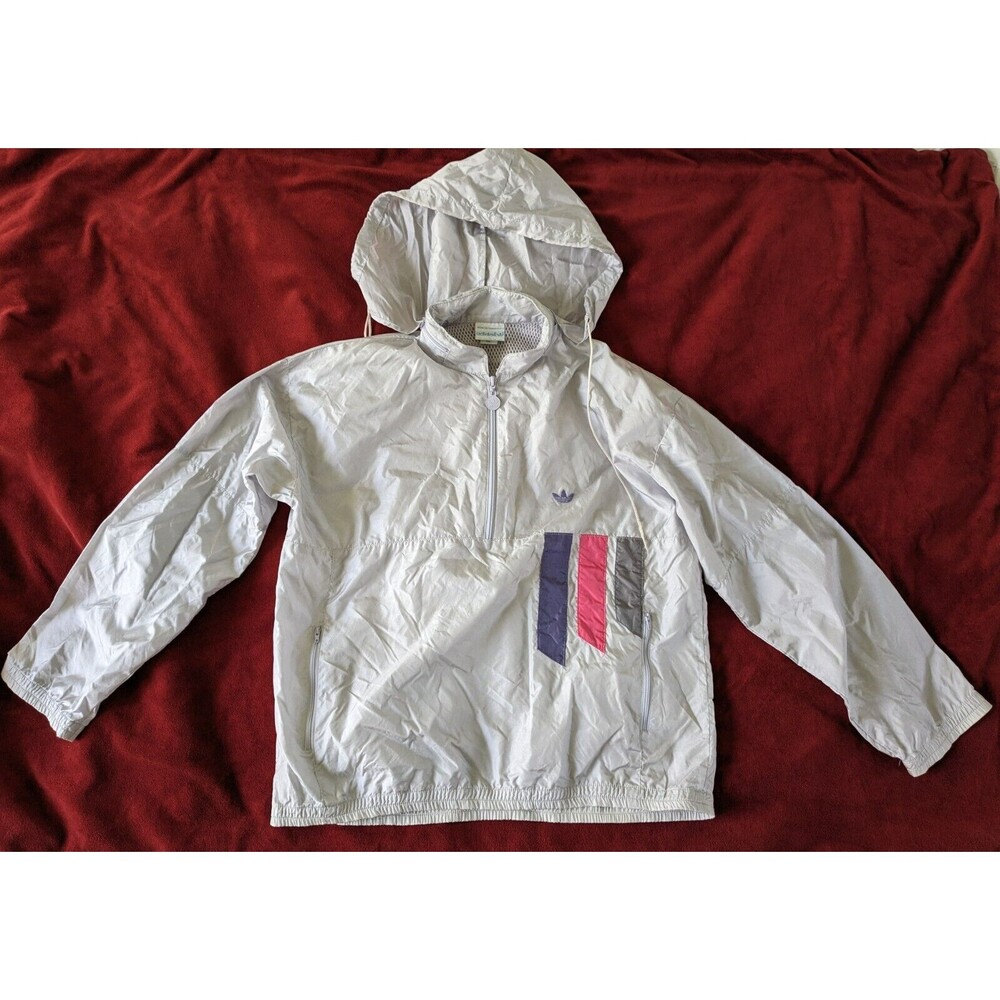 Vintage Adidas Windbreaker‎ Track Jacket Trefoil Gray Women's Large 80s 90s Hood